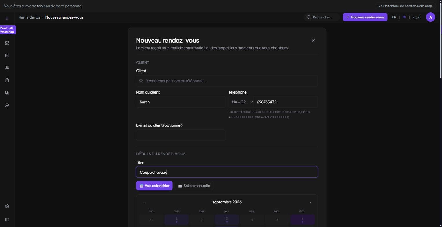 Formulaire nouveau rendez-vous — informations client