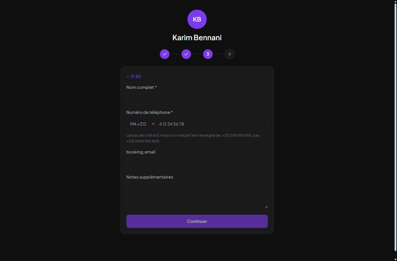 Page de réservation — coordonnées du client
